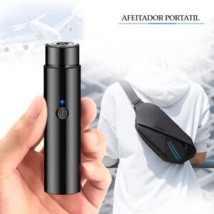 Afeitadora portátil recargable – Compacta, ligera y lista para llevar en cualquier viaje. Hombre sosteniendo una afeitadora portátil recargable, lista para guardar en una riñonera de viaje