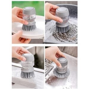 "Cepillo lavavajillas con dispensador automático – Uso práctico diario" Cepillo lavavajillas Alemka en uso, limpia platos, ollas y fregaderos con espuma y dispensador de jabón.