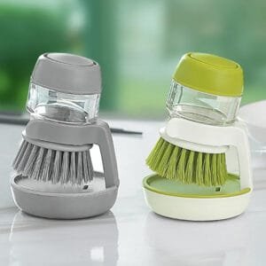 "Cepillo lavavajillas Alemka – colores gris y verde con mango ergonómico y dosificador" Cepillo lavavajillas doble color gris y verde con dispensador de jabón, ideal para limpieza de cocina