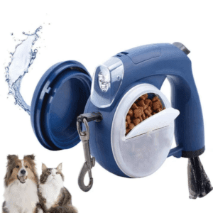 Correa retráctil azul para perros con luz LED, cuenco para agua, compartimento para snacks y dispensador de bolsas – Alemka Importaciones