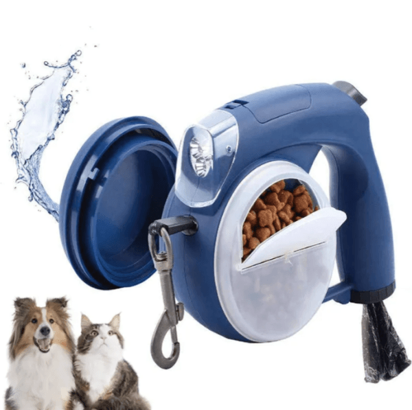 Correa retráctil azul para perros con luz LED, cuenco para agua, compartimento para snacks y dispensador de bolsas – Alemka Importaciones