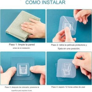 Pasos para instalar ganchos adhesivos sin perforar: limpiar, pegar, presionar y dejar secar