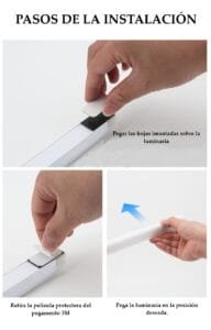 Cómo instalar la lámpara LED recargable de 30 cm con cinta adhesiva y base imantada Pasos de instalación de la lámpara LED recargable de 30 cm con base magnética y adhesivo