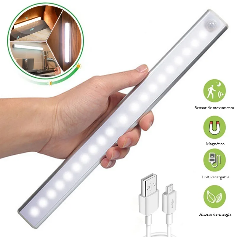 Persona sosteniendo lámpara LED recargable de 30 cm, ideal para clósets, pasillos o baños sin enchufes
