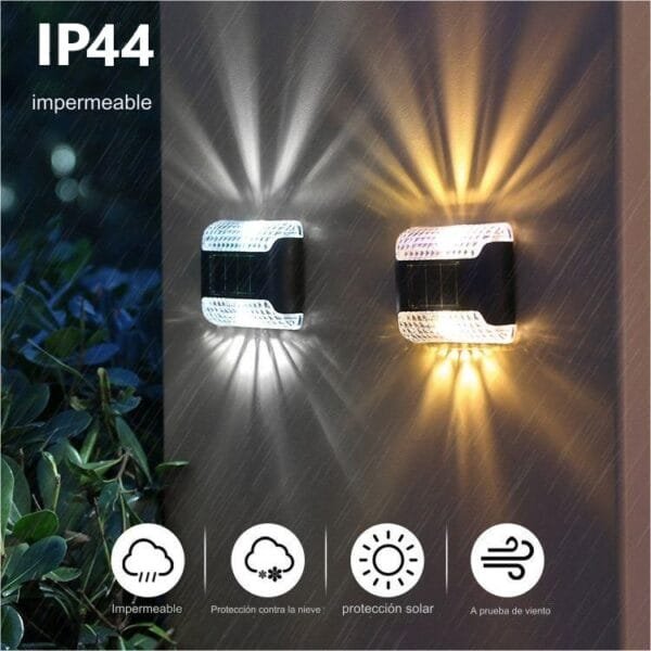 Lámpara solar de pared impermeable IP44 con luz blanca fría o cálida – Ideal para exteriores en el Perú