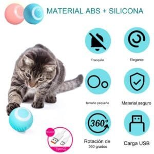Características de la Pelota Saltarina Inteligente para gatos – Segura, silenciosa y divertida Gato jugando con Pelota Saltarina Inteligente con beneficios destacados: material seguro, carga USB y rotación 360 grados
