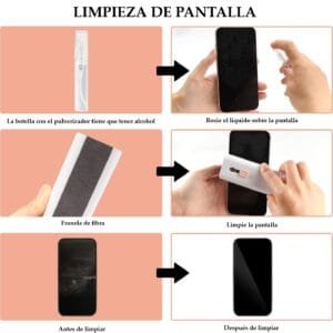 Paso a paso para limpiar pantallas con el Limpiador Multifuncional 7 en 1 de Alemka Importaciones usando spray y gamuza