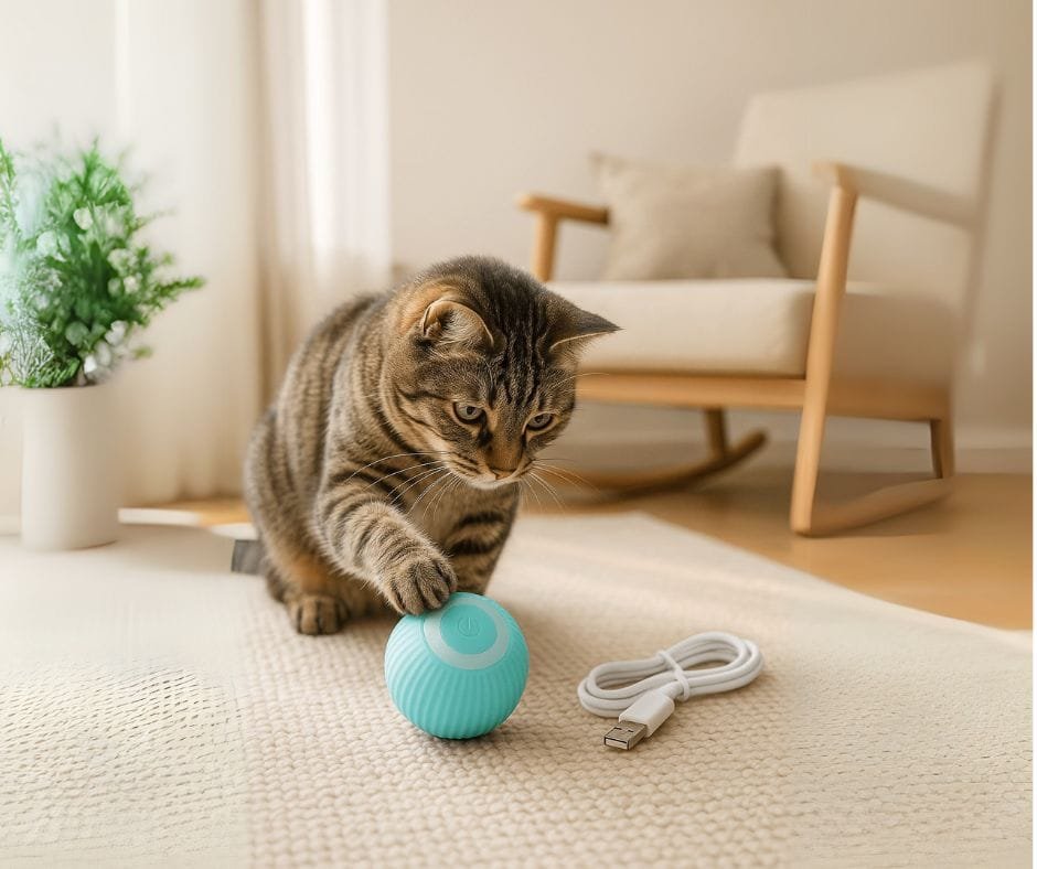 Gato jugando con pelota saltarina interactiva recargable en sala iluminada con luz natural