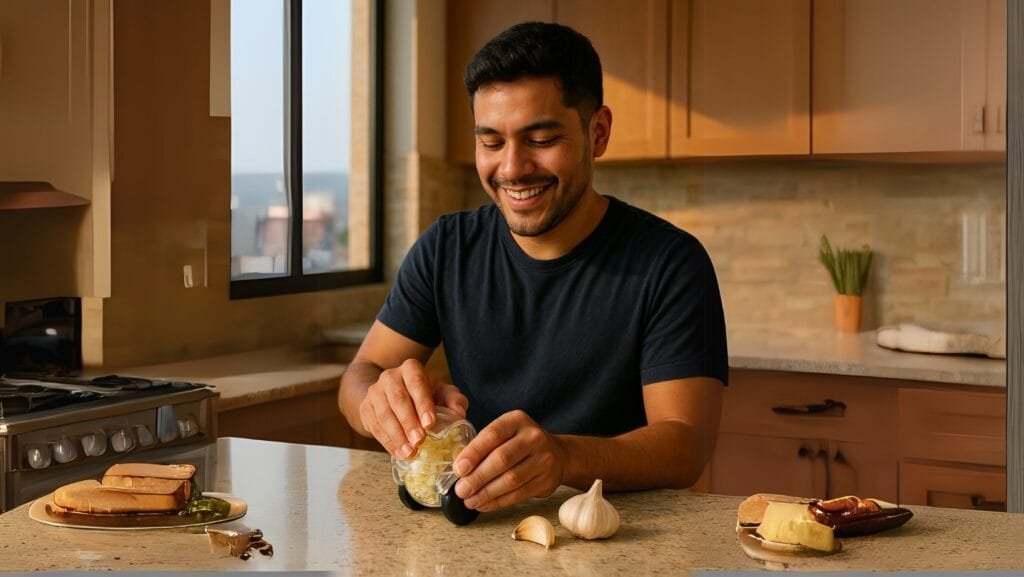 Hombre peruano usando moledor de ajos en cocina moderna con luz natural