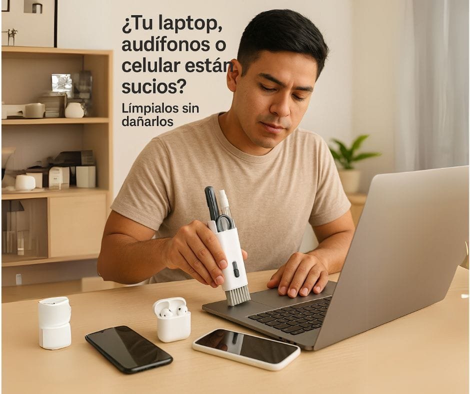 Hombre peruano limpiando laptop con kit limpiador multifuncional 7 en 1, escritorio moderno y luz natural